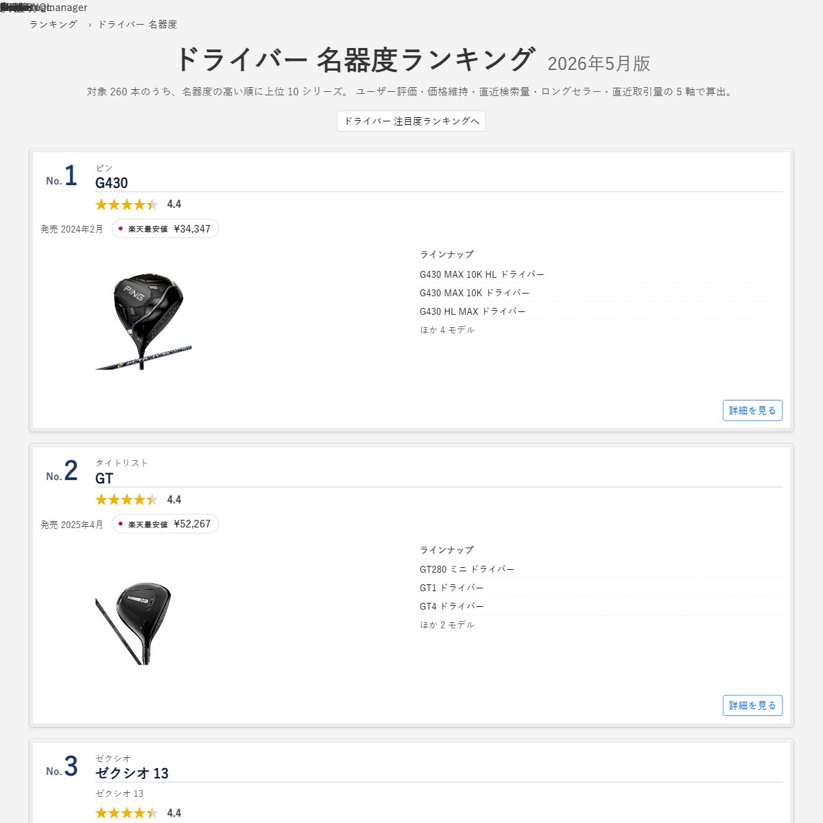 ドライバー 名器度ランキング 2026年5月版 Top3 — ピン G430 / タイトリスト GT / ゼクシオ 13