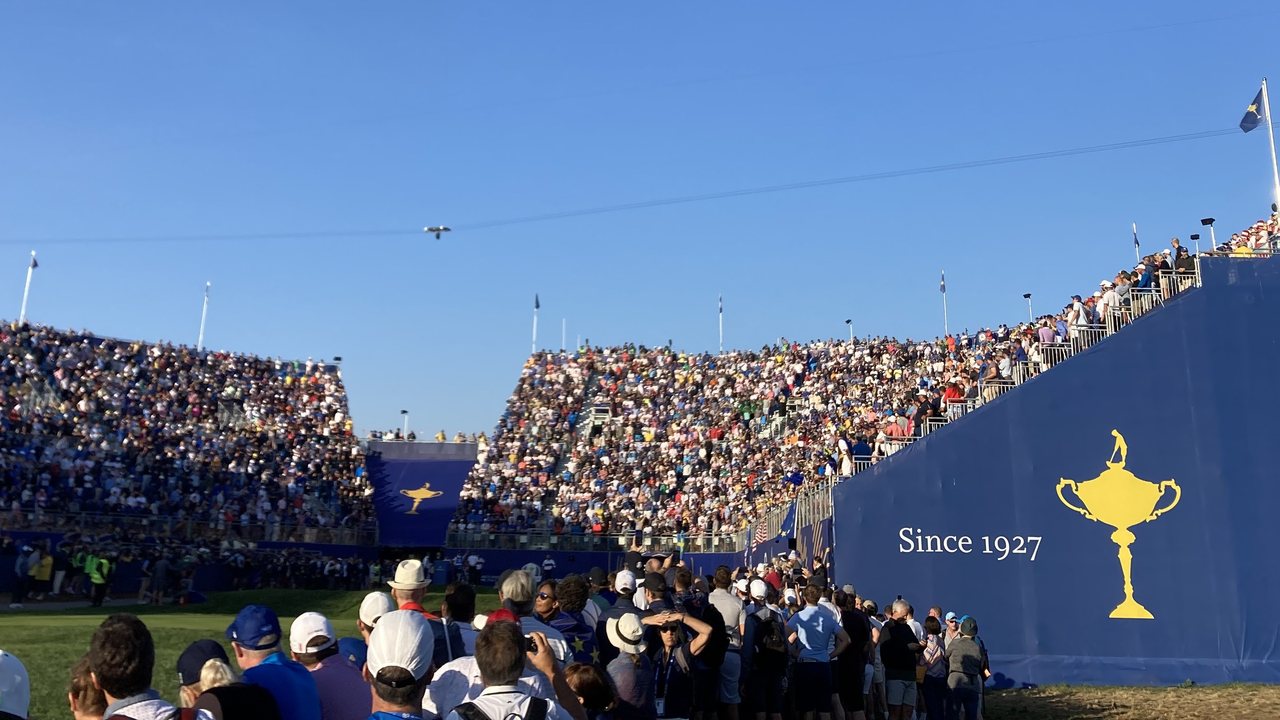 First tee grandstand at the 2023 Ryder Cup, Marco Simone
